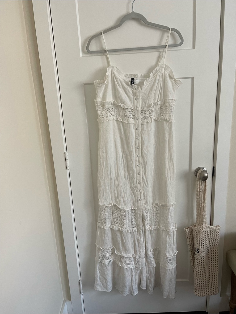 Divided White Crochet-Trim Maxi Dress